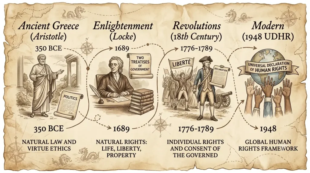 Timeline showing evolution of rights from Aristotle to the Universal Declaration of Human Rights 1948