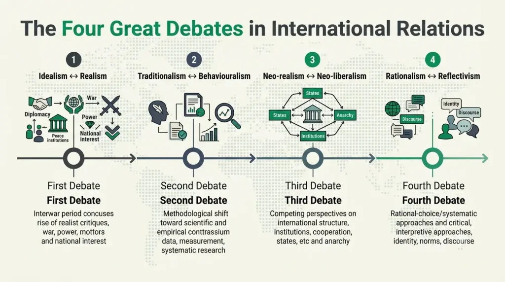 Timeline of the four great debates in IR from idealism-realism to rationalism-reflectivism
