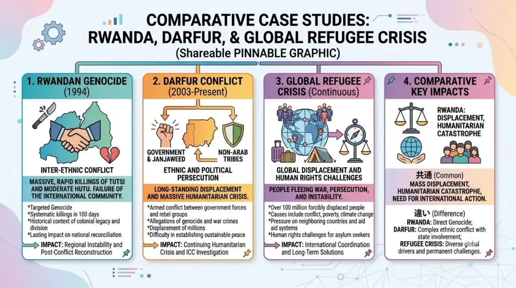 Human Rights Case Studies Case study icon cards for Rwandan genocide, Darfur conflict and global refugee crisis