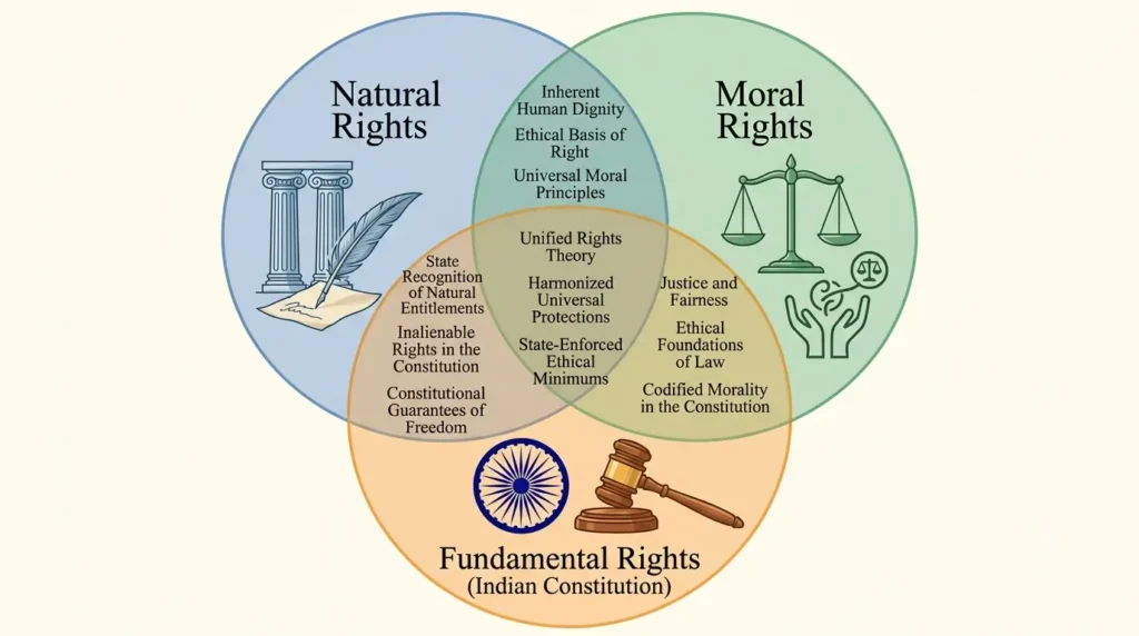 Diagram mapping natural and moral rights to Fundamental Rights in the Indian Constitution 