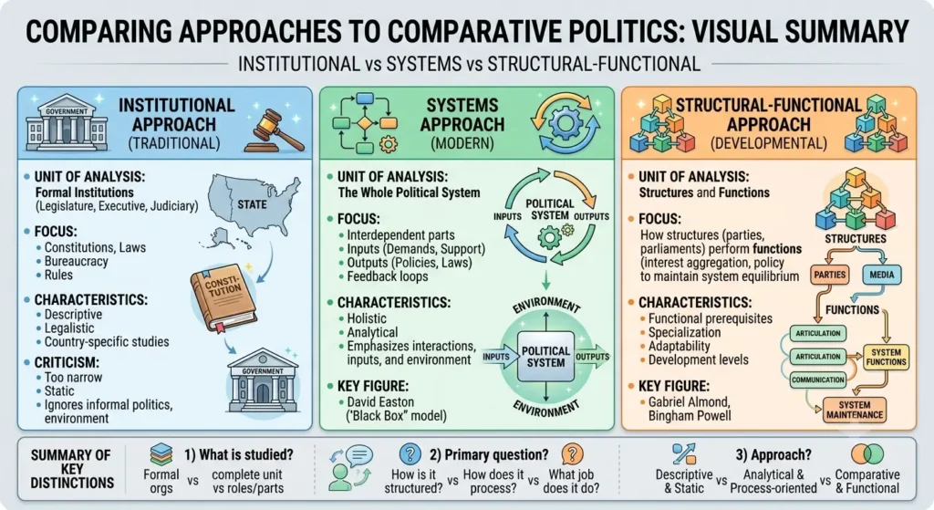 Infographic comparing institutional, system and structural-functional approaches to comparative politics