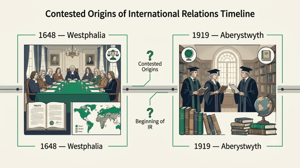 Timeline graphic comparing the 1648 Westphalia myth and 1919 Aberystwyth myth in IR