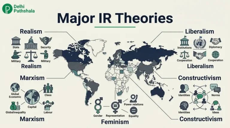 Diagram showing realism, liberalism, Marxism, feminism and constructivism as five lenses on world politics