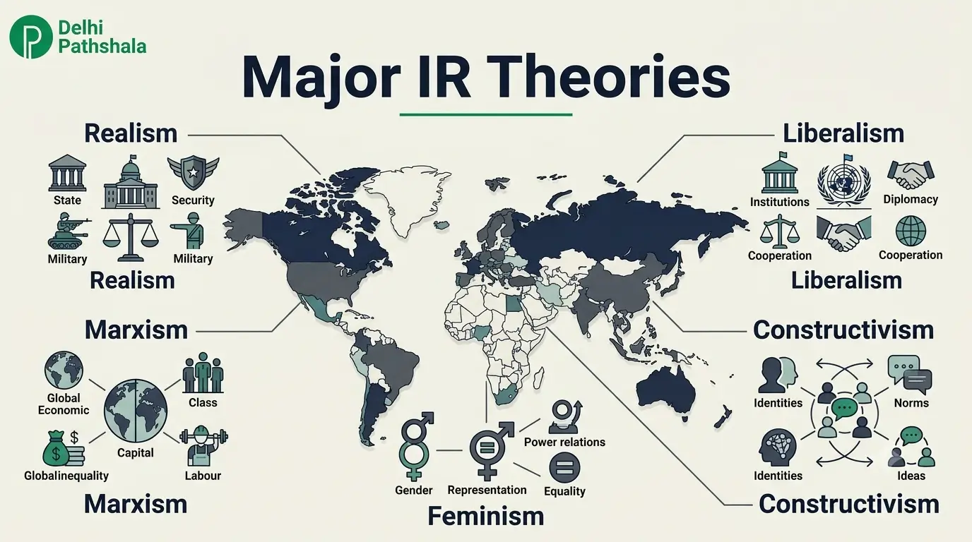 Diagram showing realism, liberalism, Marxism, feminism and constructivism as five lenses on world politics