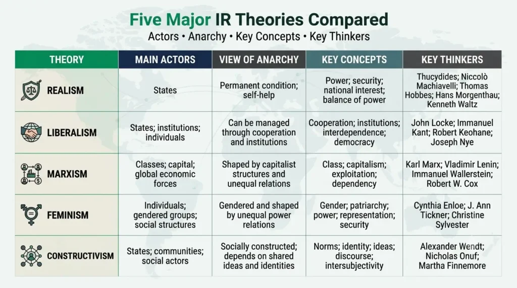 Comparison chart of realism, liberalism, Marxism, feminism and constructivism by main actors, view of anarchy and key thinkers