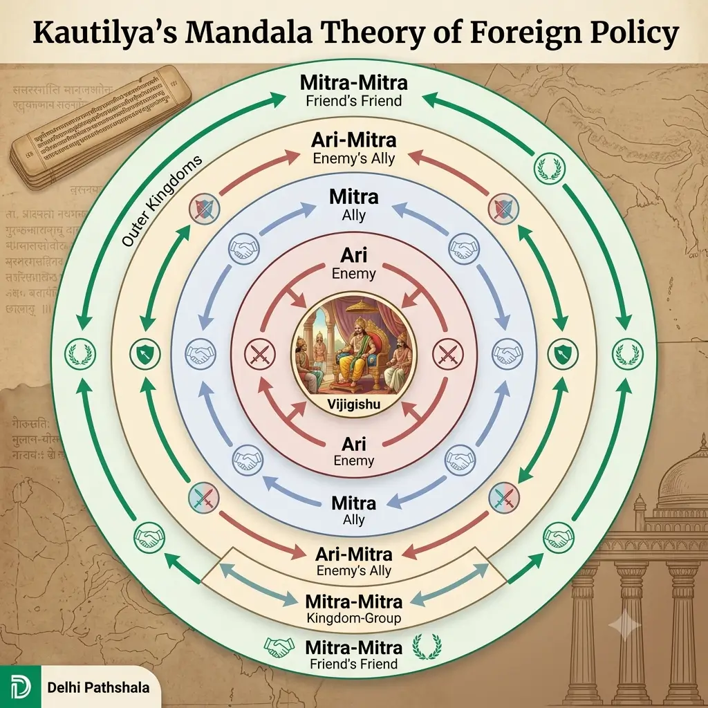 Diagram illustrating Kautilya's Mandala theory of concentric circles of ally and rival states
