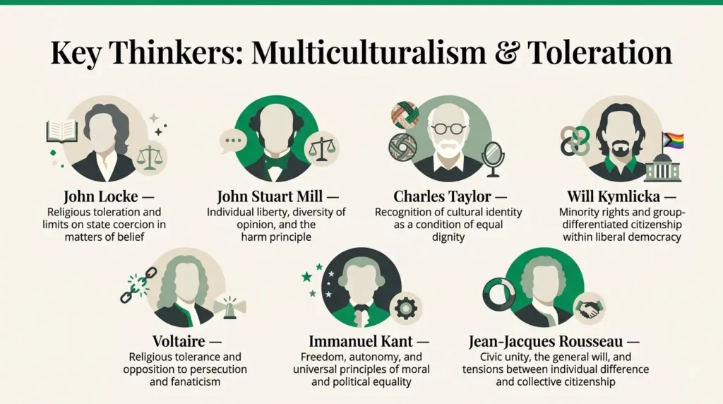 Key Thinkers on Multiculturalism and Toleration Reference card listing key thinkers on multiculturalism and toleration including Locke, Mill, Taylor, and Kymlicka