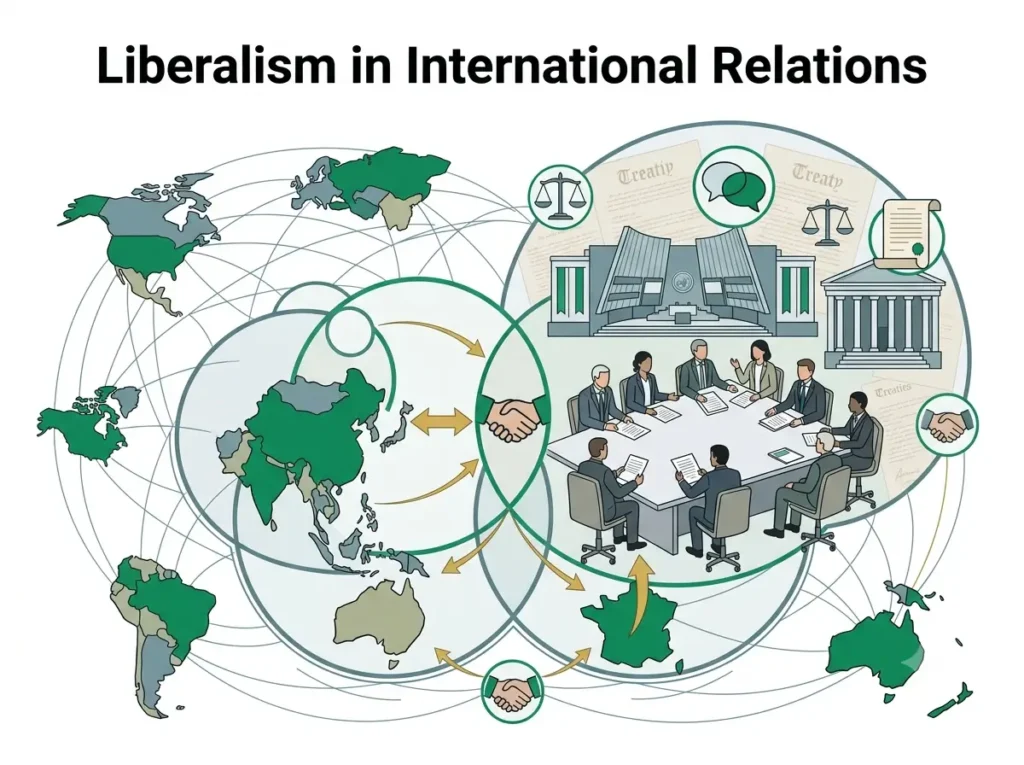 Diagram illustrating liberal IR theory concepts of cooperation and institutions