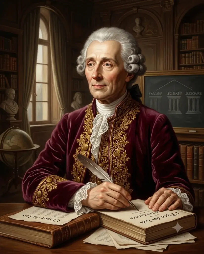 Montesquieu and separation of powers theory Portrait of Montesquieu, author of The Spirit of the Laws and separation of powers theory