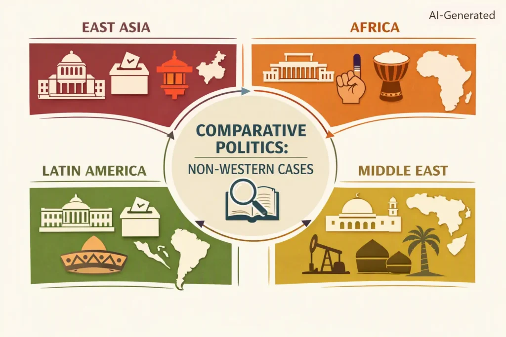 Non-Western perspectives in comparative politics case studies Regional collage representing non-Western case studies in comparative politics from Asia Africa and Latin America