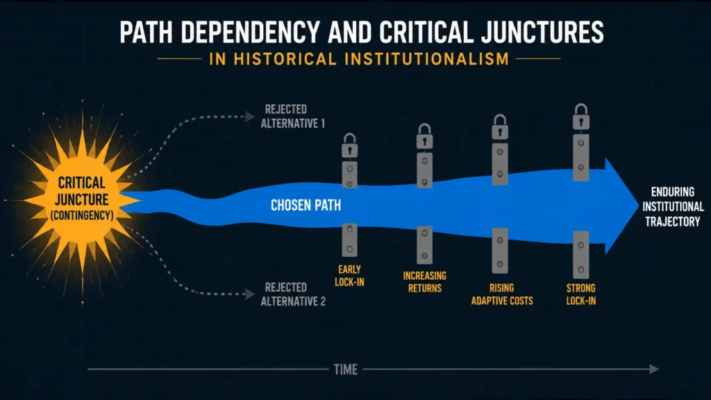 Diagram explaining path dependency and critical junctures in historical institutionalism Diagram explaining path dependency and critical junctures in historical institutionalism