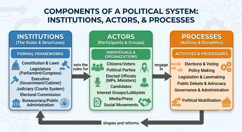 Diagram showing institutions, actors, and processes in a political system