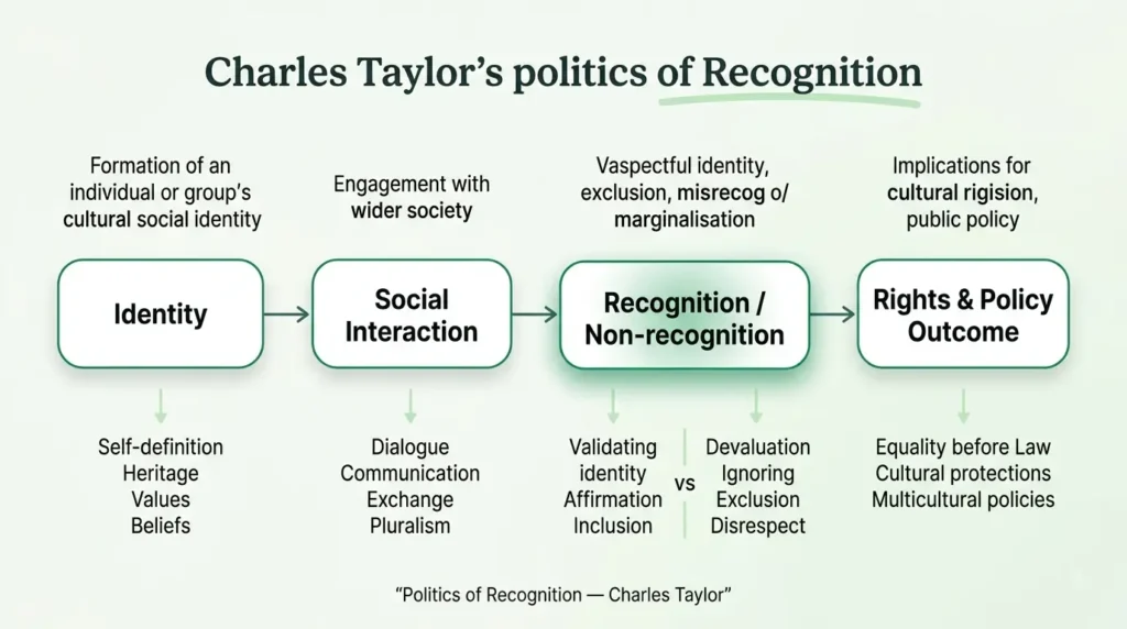 Politics of Recognition Diagram – Charles Taylor Flow diagram explaining Charles Taylor's politics of recognition and its link to identity and rights