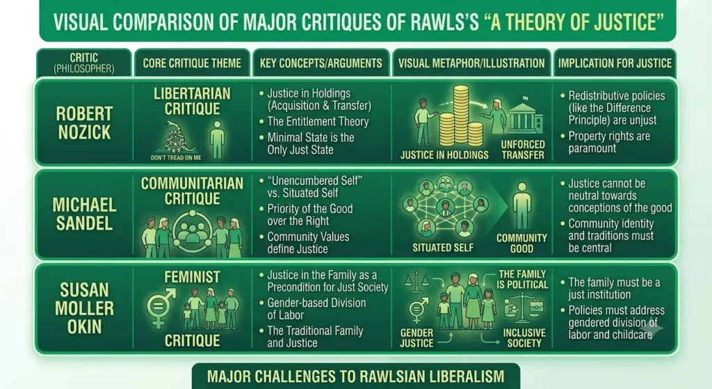 Rawls theory of justice critiques comparison Nozick Sandel Okin