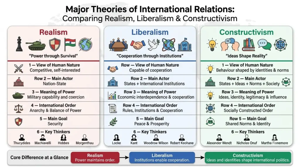 Comparison table of realism, liberalism, and constructivism on power and international order