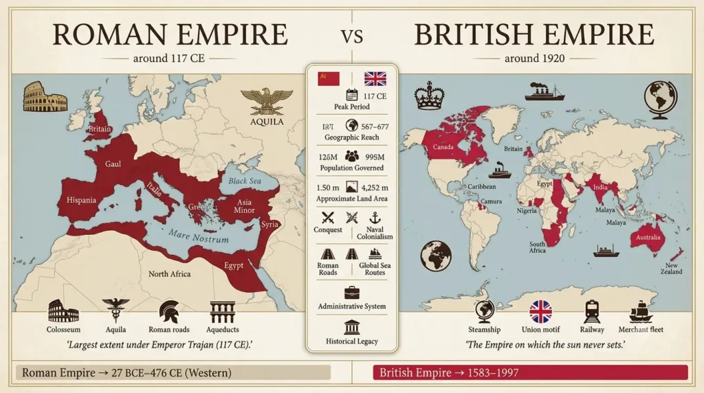 Map comparing the territorial extent of the Roman Empire and the British Empire