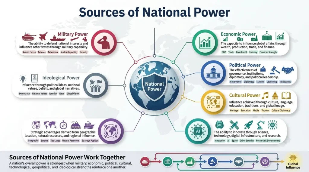 Infographic of seven sources of power — military, economic, political, cultural, technological, geopolitical, ideological