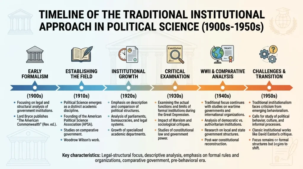Timeline of the traditional institutional approach in political science 1900s-1950s