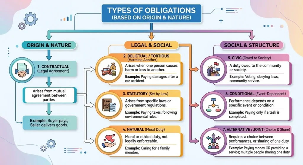Types of Obligations — Political Theory Notes Flowchart showing types of obligations — contractual, statutory, natural and civic
