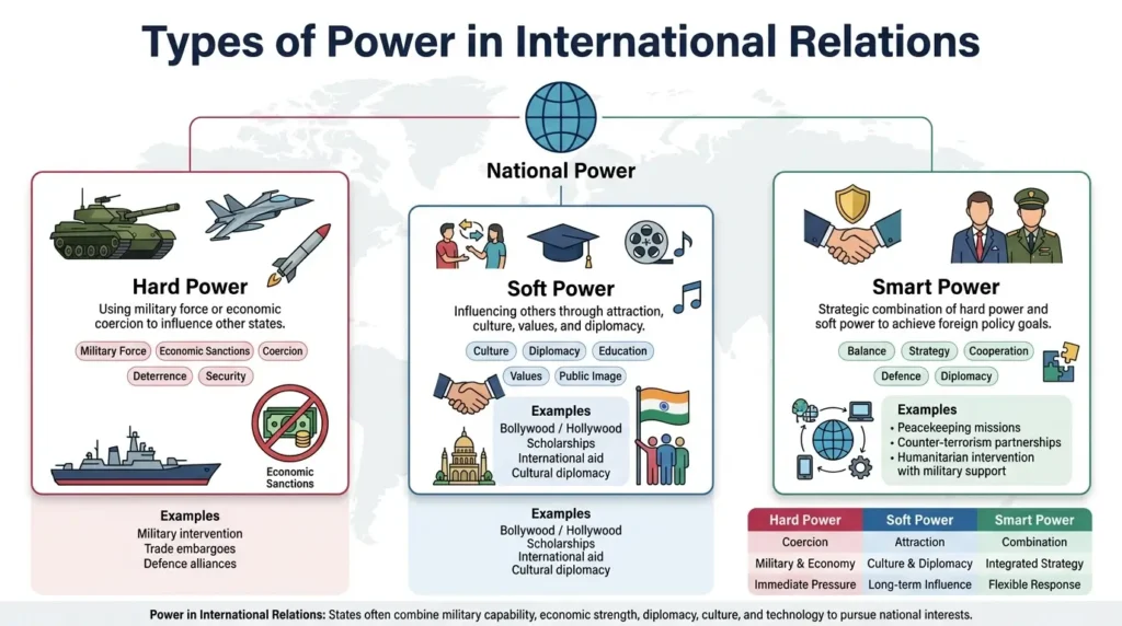 Diagram showing hard power, soft power, and smart power in international relations