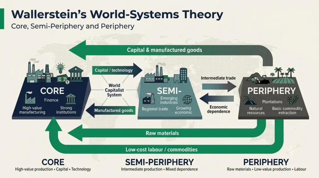 Schematic of Wallerstein's core, semi-periphery and periphery zones with arrows for flows of capital and raw materials