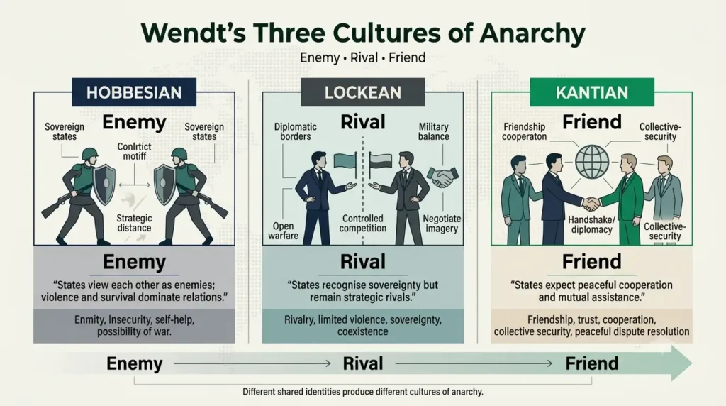 Chart showing Hobbesian (enemy), Lockean (rival) and Kantian (friend) cultures of anarchy