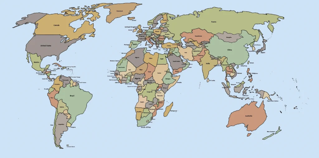 World map used in comparative political study World political map showing countries studied in comparative politics