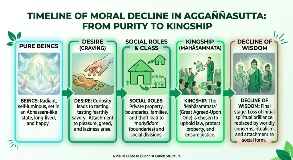 Timeline of moral decline stages in Aggannasutta from purity to kingship