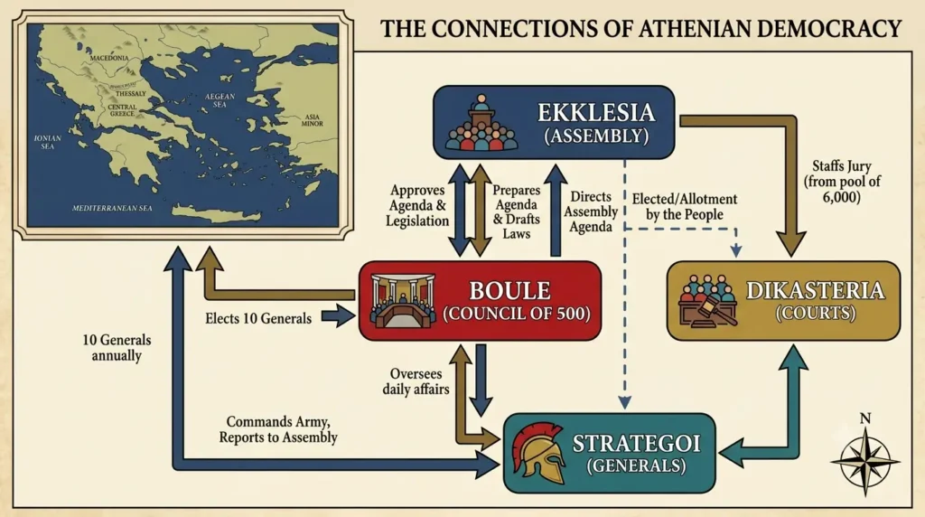 Diagram of Athenian democratic institutions – Ekklesia, Boule and Dikasteria