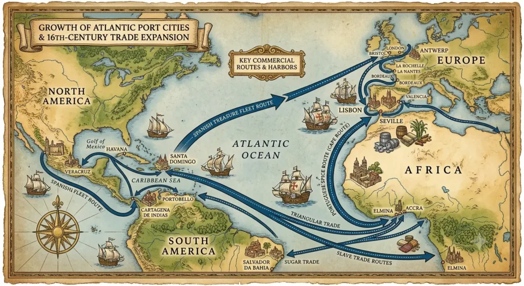Map of major Atlantic port cities that grew during 16th-century trade expansion
