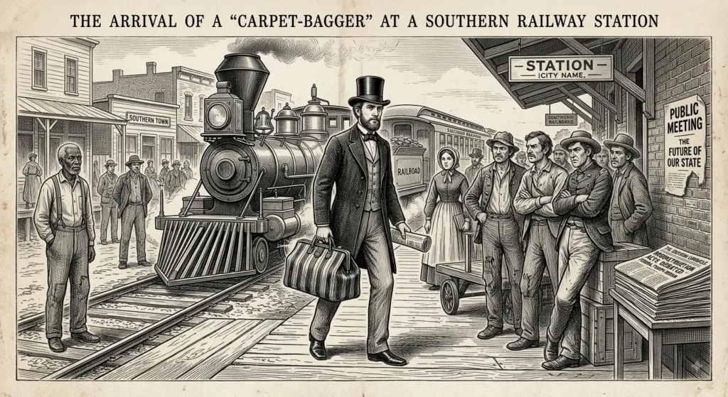 Illustration depicting a carpetbagger, a Northern migrant to the South during Reconstruction
