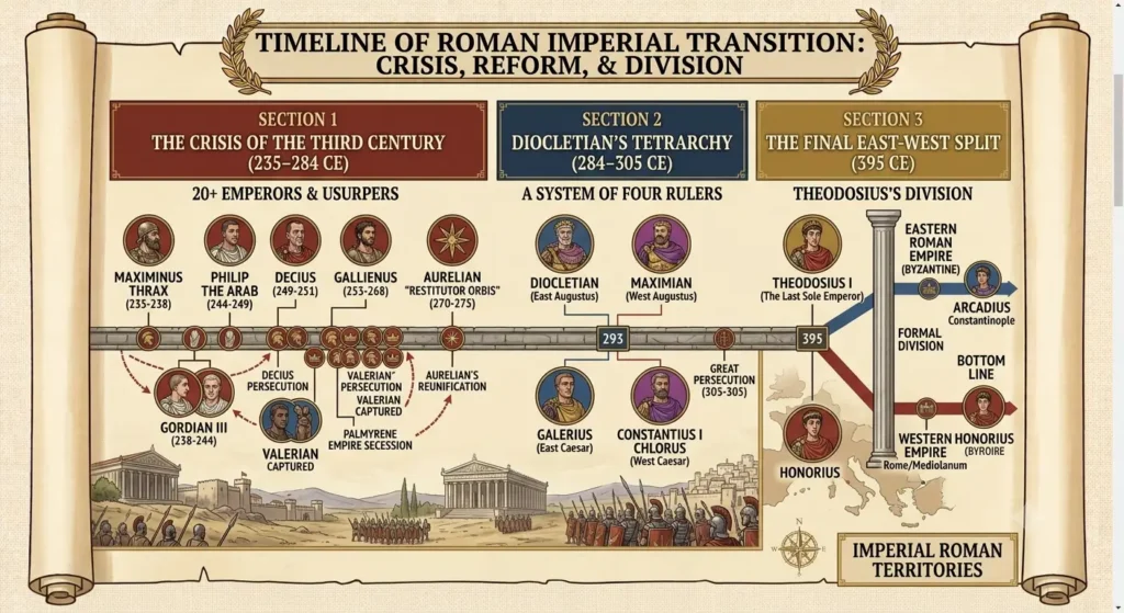 Timeline infographic of the Crisis of the Third Century in the Roman Empire