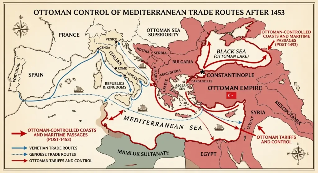 Illustration of Ottoman control over Mediterranean trade routes after 1453