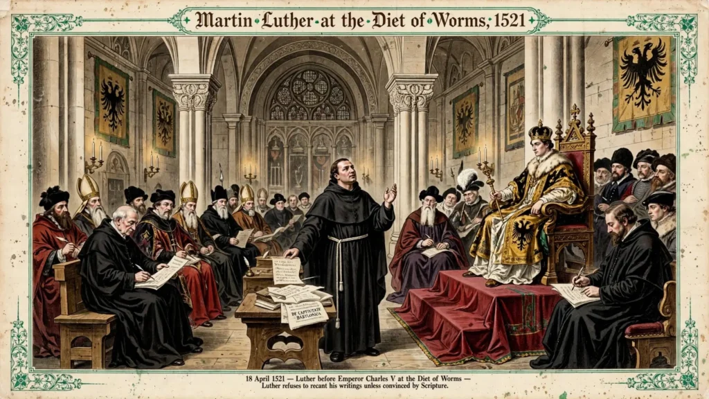The Diet of Worms, 1521 Illustration of Martin Luther at the Diet of Worms 1521 defending his 95 Theses before Emperor Charles V