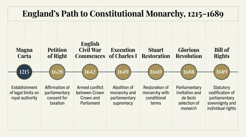 England’s Path to Constitutional Monarchy (1215–1689) Timeline of England's path to constitutional monarchy from Magna Carta to the Bill of Rights