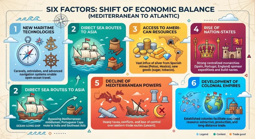 Infographic listing six factors behind shift of economic balance from Mediterranean to Atlantic