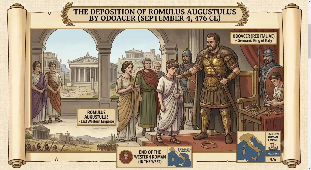 Illustration depicting the fall of the Western Roman Empire in 476 CE