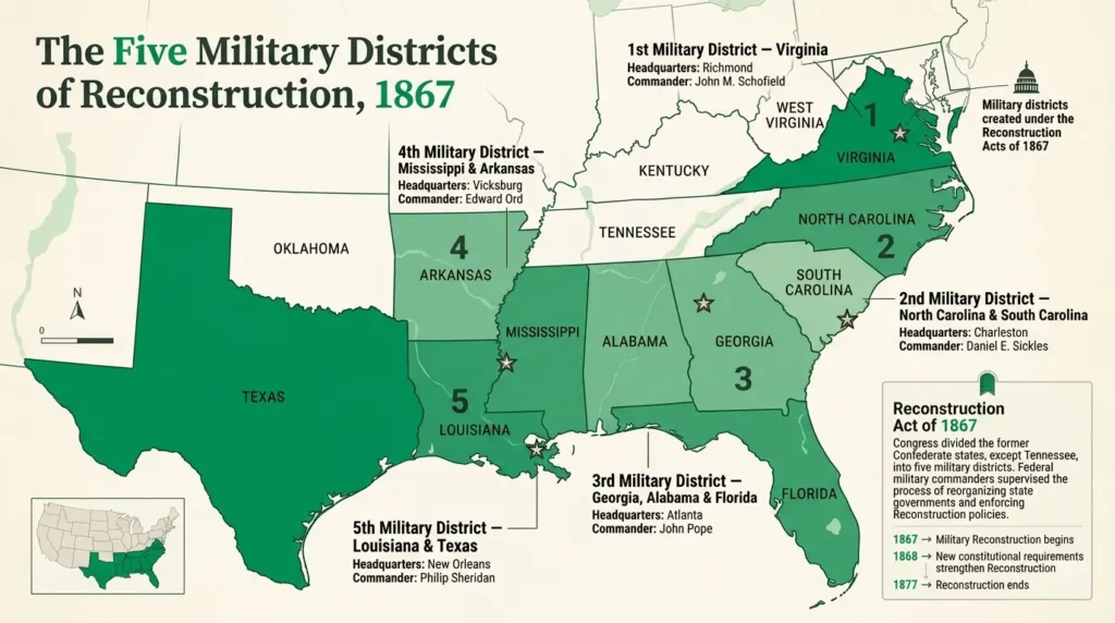 Map of the five military districts of the South created under the Reconstruction Act of 1867