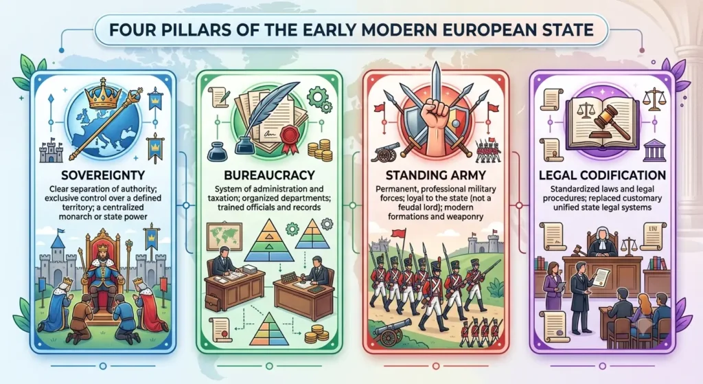 Four Pillars of the Early Modern State Four pillars of the early modern European state: sovereignty, bureaucracy, standing army, legal codification