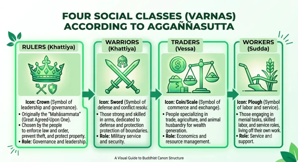 Icons of four social classes rulers warriors traders workers Aggannasutta