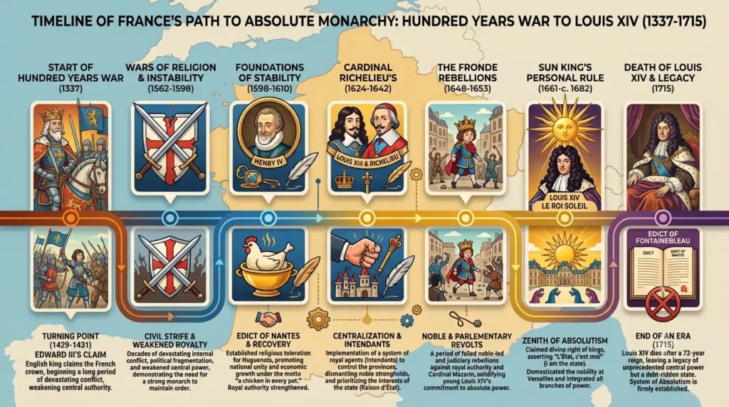 France’s Path to Absolutism (1337–1715) Timeline of France's path to absolute monarchy from the Hundred Years War to Louis XIV