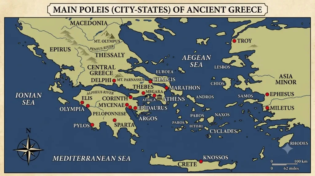 Map of major Greek city-states including Athens, Sparta, Corinth and Thebes