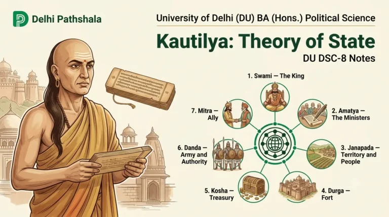 Illustrated cover for Kautilya's theory of state showing the seven limbs of the Saptanga theory