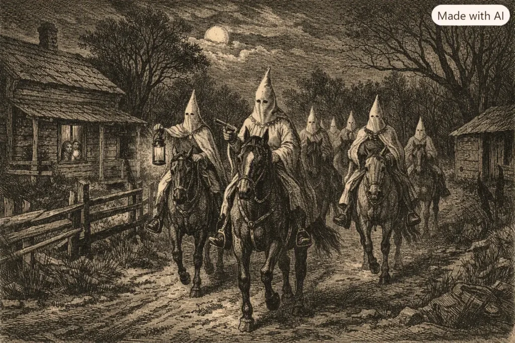 Illustration of Ku Klux Klan night riders during the Reconstruction era