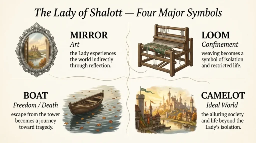 Lady of Shalott symbols mirror loom boat camelot explained symbols in lady of shalott mirror loom boat camelot meaning analysis