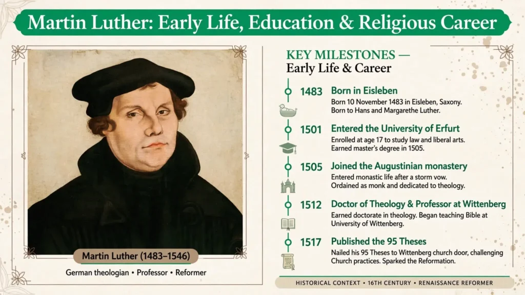Martin Luther — Early Life and Career Martin Luther biography infographic — early life, education and religious career