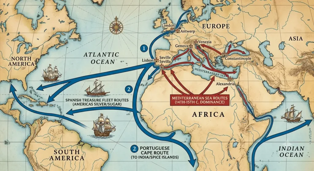Map showing shift of trade routes from Mediterranean to Atlantic in 16th century