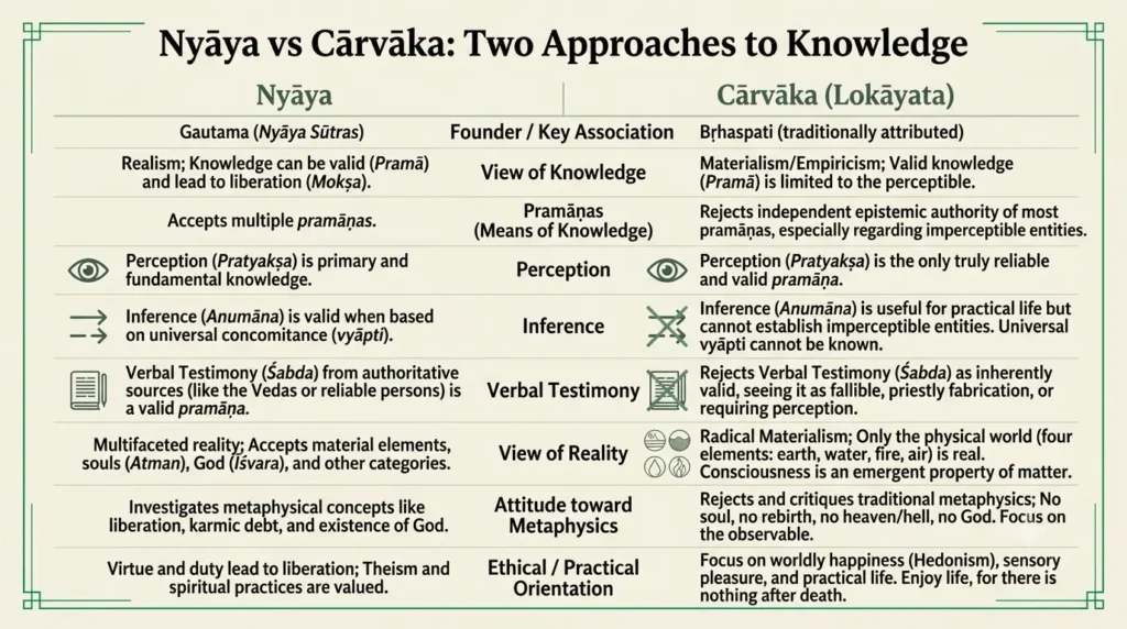 Comparison chart of Nyaya and Charvaka schools of Indian philosophy