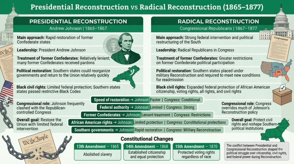Comparison chart of Presidential Reconstruction and Radical Reconstruction policies