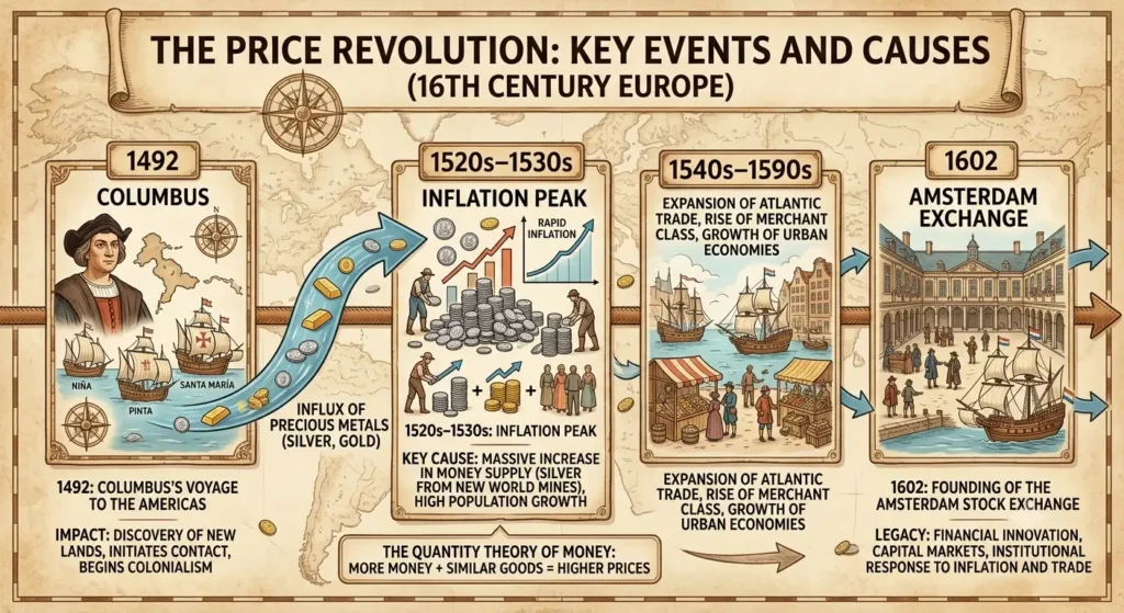 Timeline showing key events and causes of the Price Revolution in 16th-century Europe